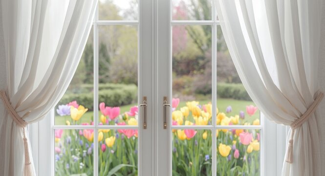 Bright spring flowers in garden viewed through open window with flowing white curtains