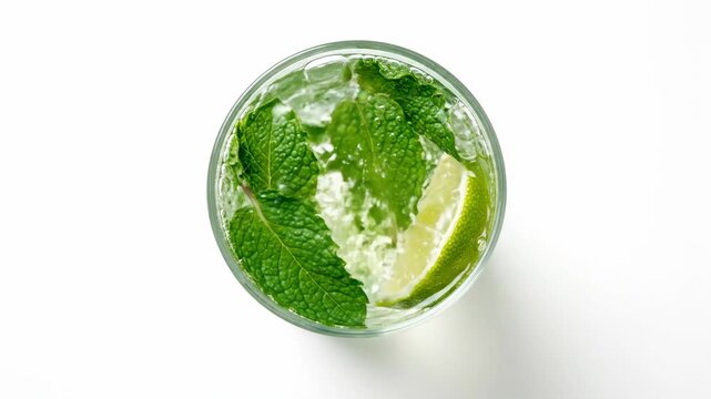 Fresh mint and lime cocktail with ice and bubbles in a clear glass overhead shot