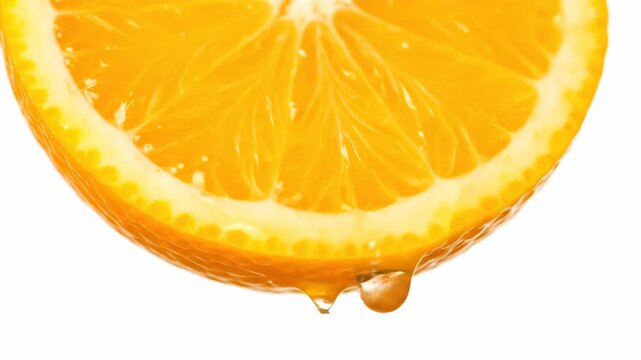 Macro close-up of a juicy orange slice with dripping juice and falling water droplet