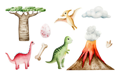 Cute dinosaur set, volcano eruption, egg, bones, baobab tree. Watercolor hand drawn prehistoric triceratops, diplodocus, Spinosaurus, Brachiosaurus animal. Isolated illustration on transparent © Natalia