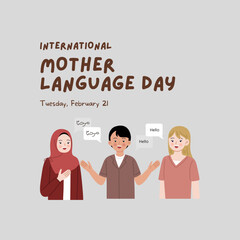 International Mother Language Day. 21st February Language Day post shows diverse group of people representing different cultures along with greetings in various languages like Hello, Bonjour.     © ankit