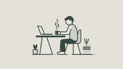 Fototapeta premium Minimalist Illustration of a Man Working on Laptop with Coffee and Potted Plants