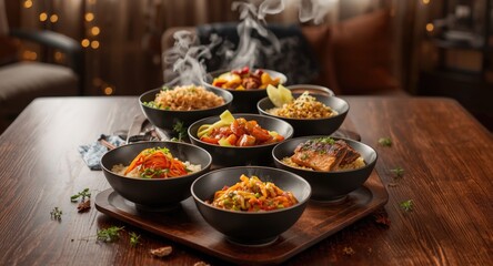 Dining table laden with a variety of foods and rice bowls