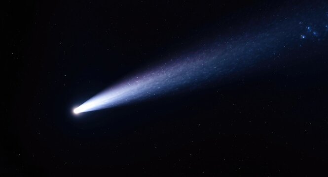 Flashing comet displaying luminous tail against space void