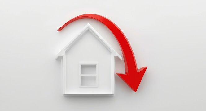 Image portraying a white house icon with a downward red arrow symbolizing reduced home market prices