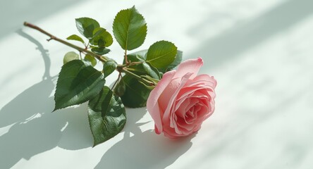 Beautiful rose branch with green leaves on an unblemished white surface