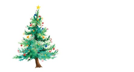 Obraz premium Cheerful watercolor depiction of a Christmas tree with lively colors on simple white background for decor