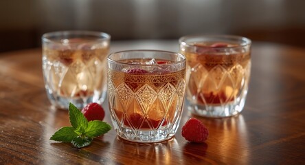 Chilled raspberry herbal infusion presented in delicately crafted Islamic glass cups