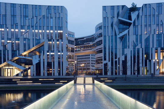 DUSSELDORF, GERMANY - DECEMBER 25, 2015: View of the Ko - Bogen. The Ko-Bogen is a large-scale office and retail complex designed by the New York architect Daniel Libeskind and completed in 2013