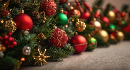 Obraz premium Festive holiday backdrop featuring colorful Christmas ornaments with seasonal greenery in warm red and green hues