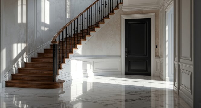 Elegant modern home interior displaying a curved wood stair with black iron balusters, pristine marble floor, and a black door positioned to the right