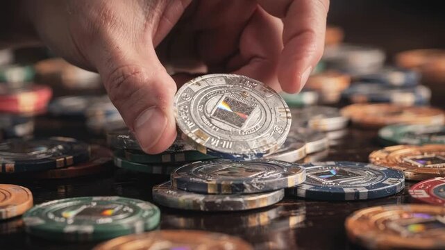Close medium shot where the main hand holds a stack of highvalue tokens focusing on wear patterns and unique security features while surrounding chips fade out of focus.