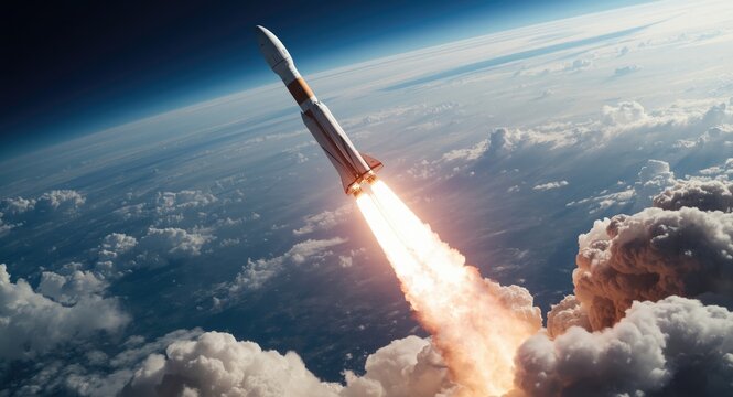 Epic rocket blasting through atmosphere with smoke trail in a space expedition