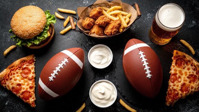 Overhead shot of footballs, pizza, burger, fried chicken, beer, french fries, and dip