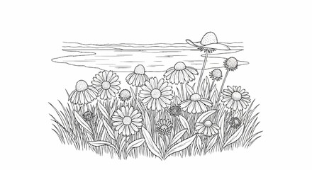 Black and white drawing of daisies and grass by a calm body of water
