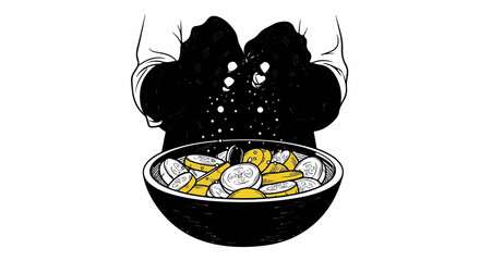 Black and white drawing of hands showering a bowl of sliced yellow and white produce