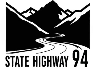 Black and white graphic of a winding road through mountains, marked "STATE HIGHWAY 94