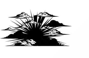 Black and white graphic of sunburst with clouds