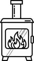 Black and white icon of a wood-burning stove with a glowing fire inside