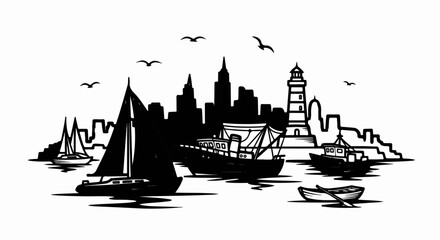 Black and white graphic of boats and cityscape with lighthouse and birds