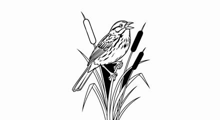 Black and white illustration of a bird perched on reeds, singing