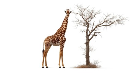 Obraz premium Full length giraffe with cheerful pose near leafless tree on white background