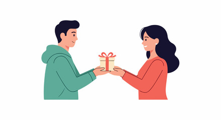 Obraz premium Illustration of a man and woman exchanging a gift box with a red bow on a plain white background.