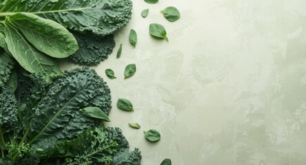 Obraz premium Fresh leafy vegetable presented on muted pastel background with copy space