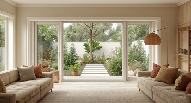 Cheerful and coordinated home interior paired with a beautiful outdoor environment