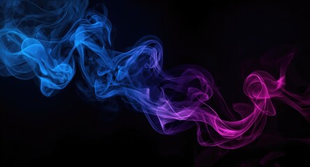 Fototapeta premium Blue and pink vape smoke patterns forming artistic layers on a dark black background