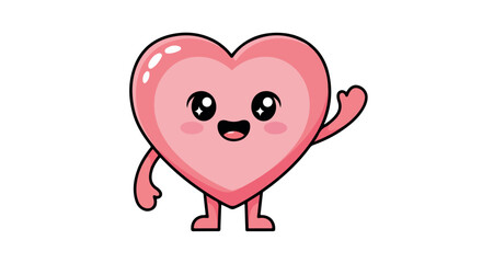 A cheerful pink heart character with a smiling face and raised hand against a clean white background in a cartoon style with a playful mood.