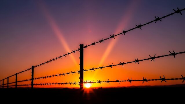 Sunset behind barbed wire fence silhouette landscape