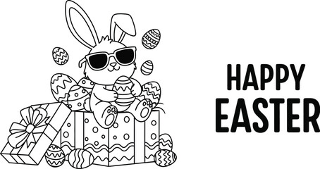 Fototapeta premium Adorable black and white line art coloring page featuring a cool bunny wearing sunglasses sitting on an open gift box surrounded by decorated easter eggs for the holiday celebration