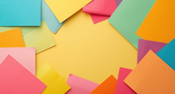 Looking down on assorted bright paper sheets arranged in a cheery background with copy space