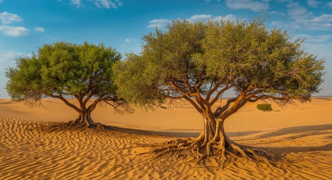 Healthy Ghaf trees growing in harsh desert dunes battling ongoing desertification