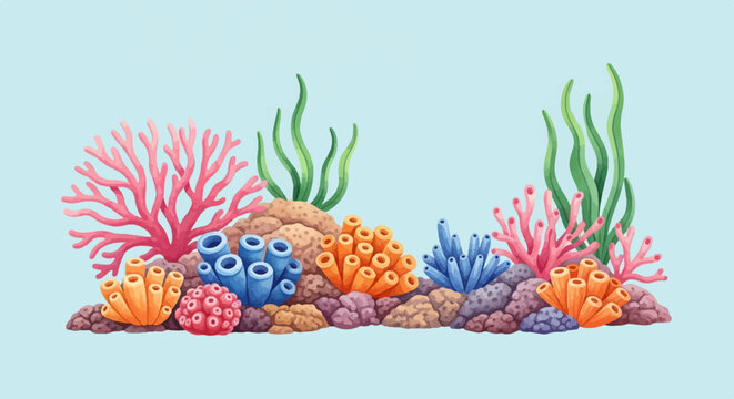 A watercolor illustration of a vibrant coral reef with assorted sea plants and rocks