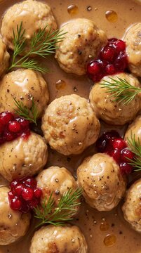Swedish meatballs in creamy gravy with lingonberry jam and fresh dill