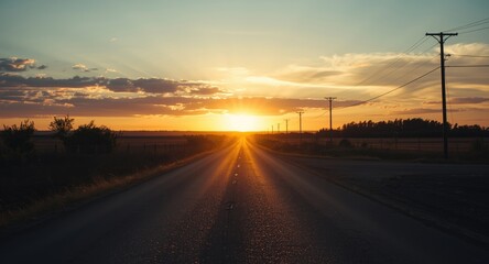 Glowing dawn on a bare road under summer skies with copy space