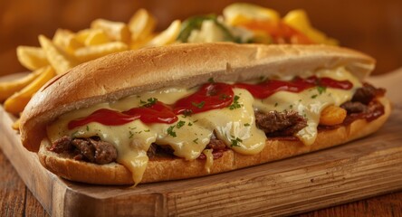 Hot and cheesy Philly cheese steak sandwich served with a side of mixed fries and veggies