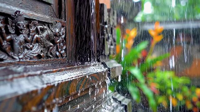 Heavy tropical rain on dark ornate carved wood structure ,Suitable for ASMR footage