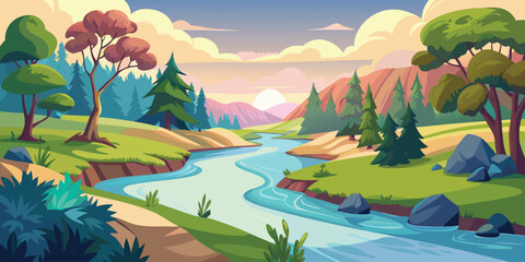 Obraz premium A vibrant cartoon landscape with a river flowing through green hills under a colorful sunset. 