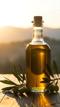 Sunset Olive Oil Bottle with Olives and Leaves