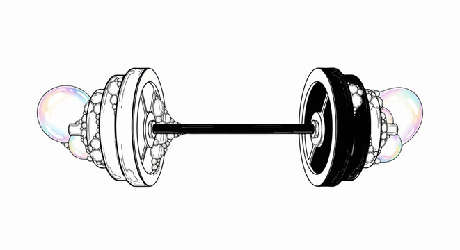 Barbell with iridescent bubbles instead of weights on white background