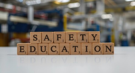 Health safety education in industrial environments represented by wooden symbol blocks