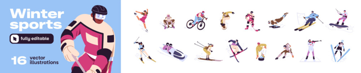 Obraz premium Winter sports set. Athletes of ski, snowboard, bobsleigh, biathlon, ice hockey and figure skating. Sportsmen go curling, slalom and freestyle, luge sled. Flat isolated vector illustrations on white