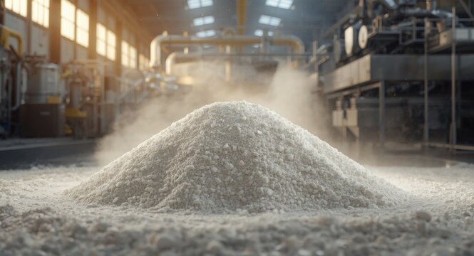 Flour heap focal point in milling plant with industrial machines and dust copy space