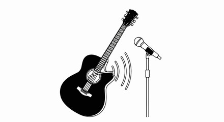 Fototapeta premium Black acoustic guitar and microphone with sound waves