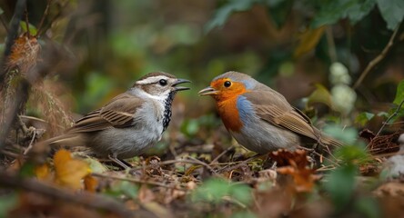 Charming interaction between a sparrow and robin in a natural habitat