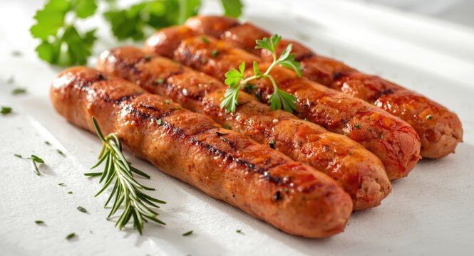 Grilled cevapcici sausages with fresh herbs on a white backdrop featuring vegan soy protein and traditional ground meat