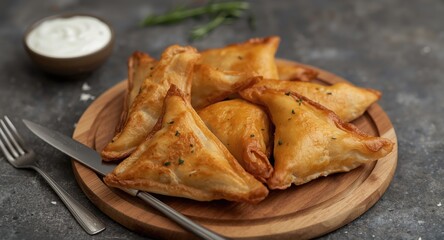 Baked Greek triangular filo pies filled with cheese served with yoghurt sauce on natural wooden board